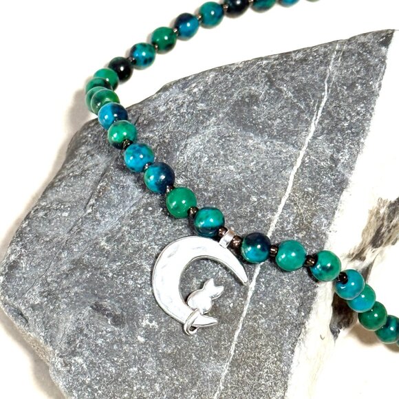Teal Chrysocolla Short Necklace, Genuine Gemstone & Silver Cat on the Moon Charm - Picture 4 of 13